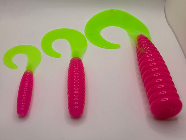Big curly tail grubs 7 inch, 9 inch and 12 inch, hand-poured saltwater soft plastic grub for lingcod, grouper, snook and redfish, made in the USA