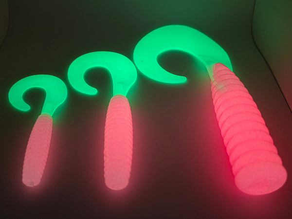 Glow in the dark big curly tail grubs 7, 9 and 12 inch, glow soft plastic grub for deep water and night fishing