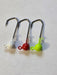 Brute Ball ball head jig heads with 3/0 VMC 2X sickle hook and bait keeper, white, red and chartreuse, made in the USA
