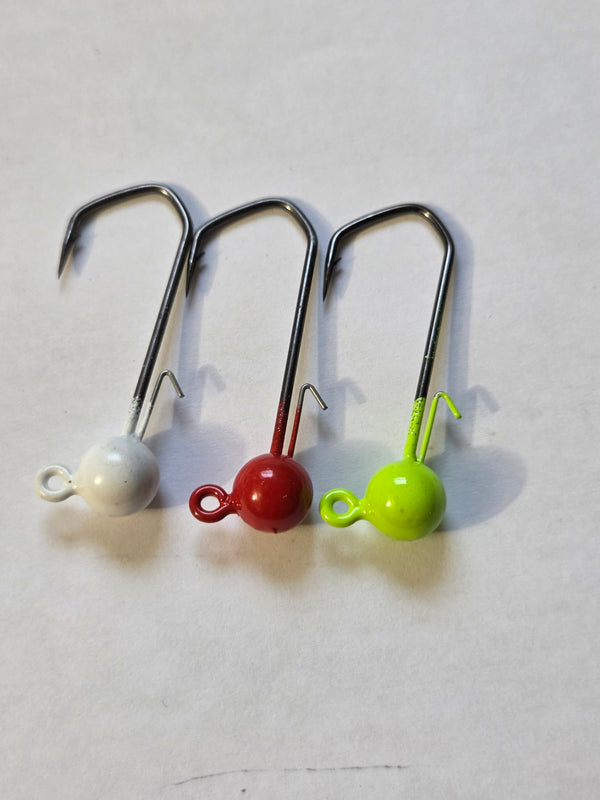 Brute Ball ball head jig heads with 3/0 VMC 2X sickle hook and bait keeper, white, red and chartreuse, made in the USA