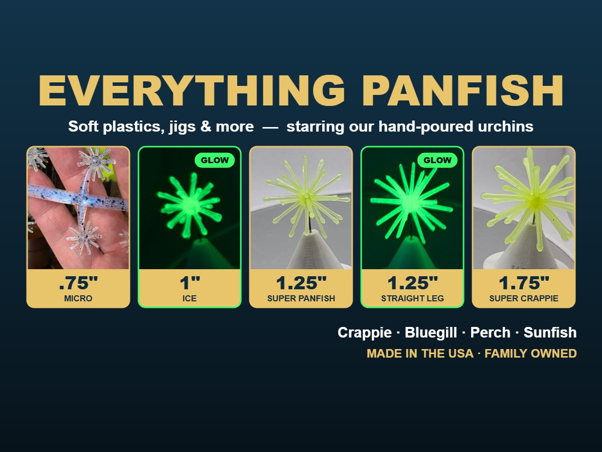 Everything Panfish hand-poured soft plastic urchins for crappie and bluegill in .75, 1, 1.25 and 1.75 inch sizes, glow and standard colors