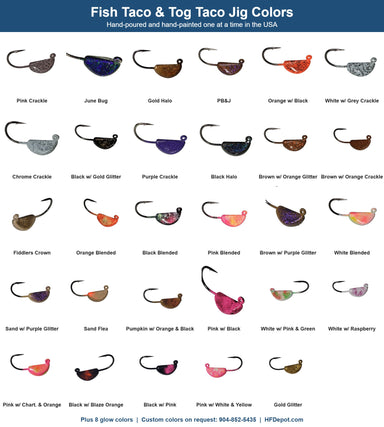 Tog Taco and Fish Taco jig color chart, hand-painted in the USA