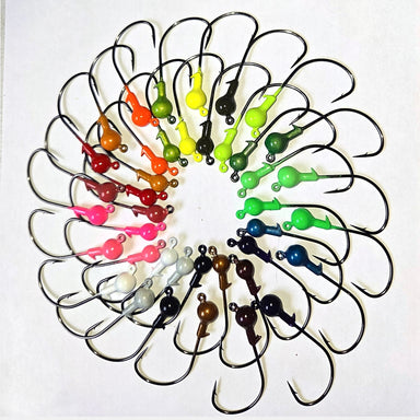 Kahle Keeper ball head jig heads with 30 degree 4/0 Kahle hook and bait keeper, 1/8 oz and 1/4 oz, all 20 colors