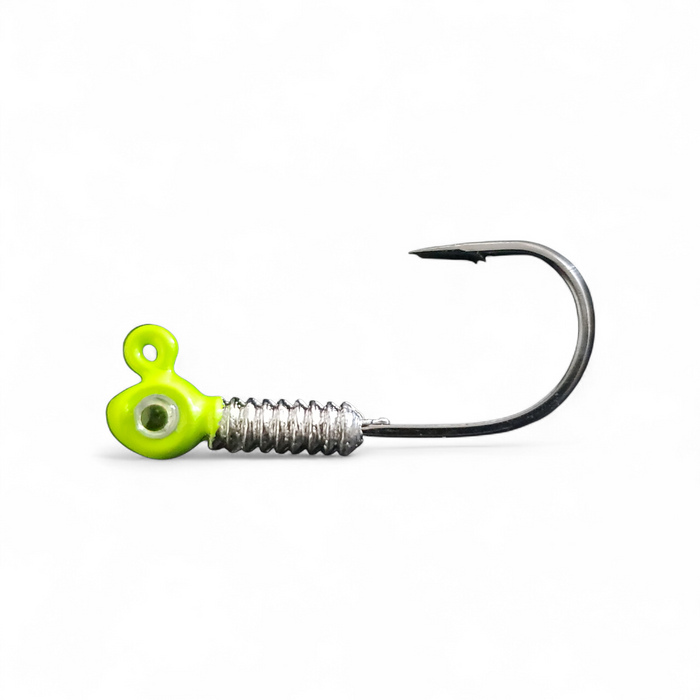 XL Long Barbed Jigs W/ Eyes (3/0 2X Strength Hooks) 3/16oz / Green Chartreuse / Red XL Long Barbed Jigs W/ Eyes (3/0 2X Strength Hooks) 3/16oz / Green Chartreuse / Red